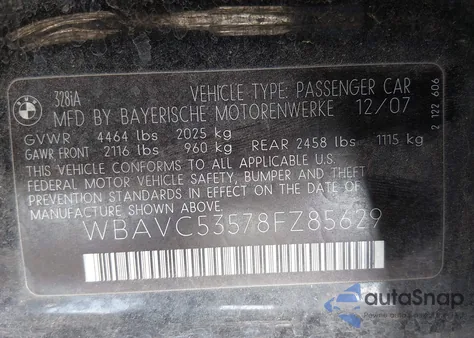 2008 BMW 328I z USA, uszkodzony, nr VIN WBAVC53578FZ85629